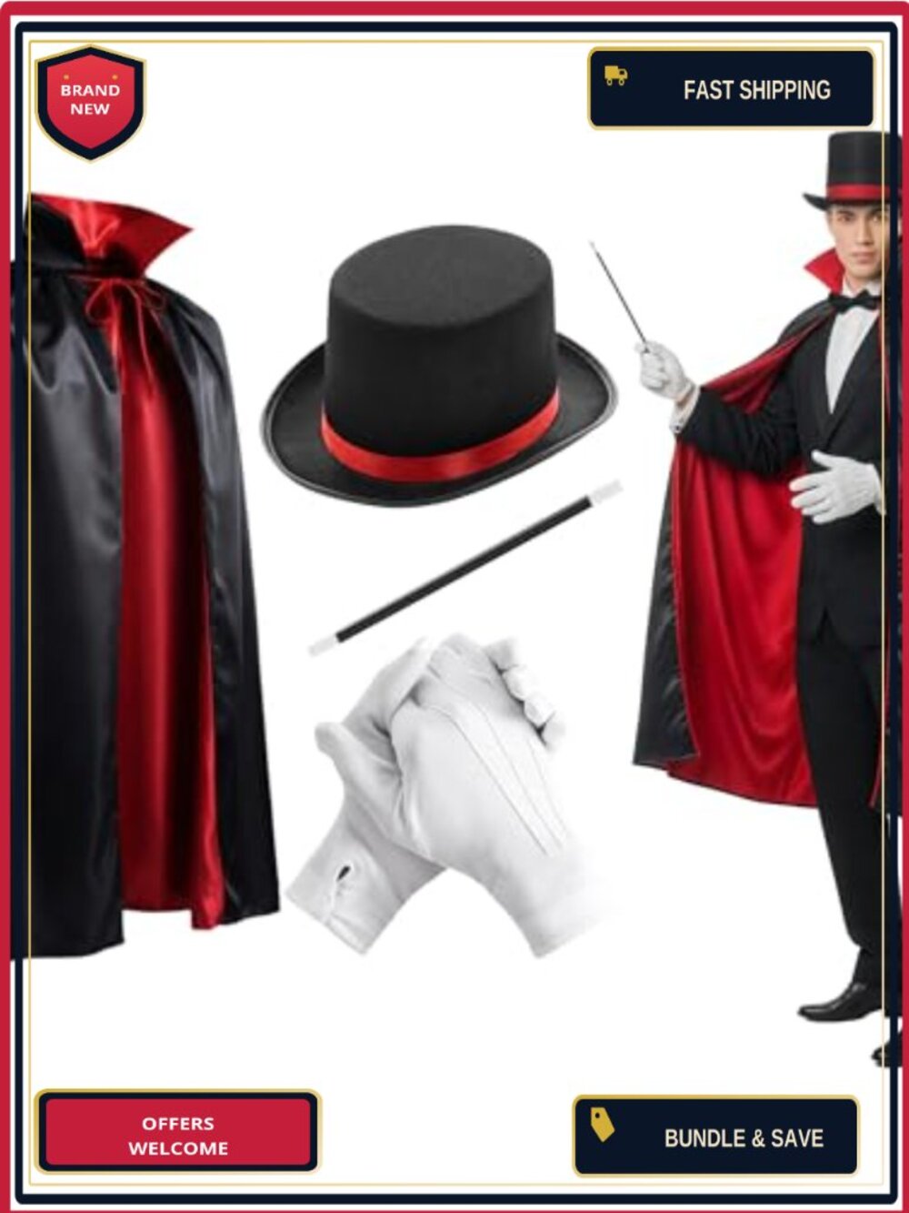 Magician Costume Set 4 Pc Hat Wand Cape Gloves Adult Halloween Cosplay